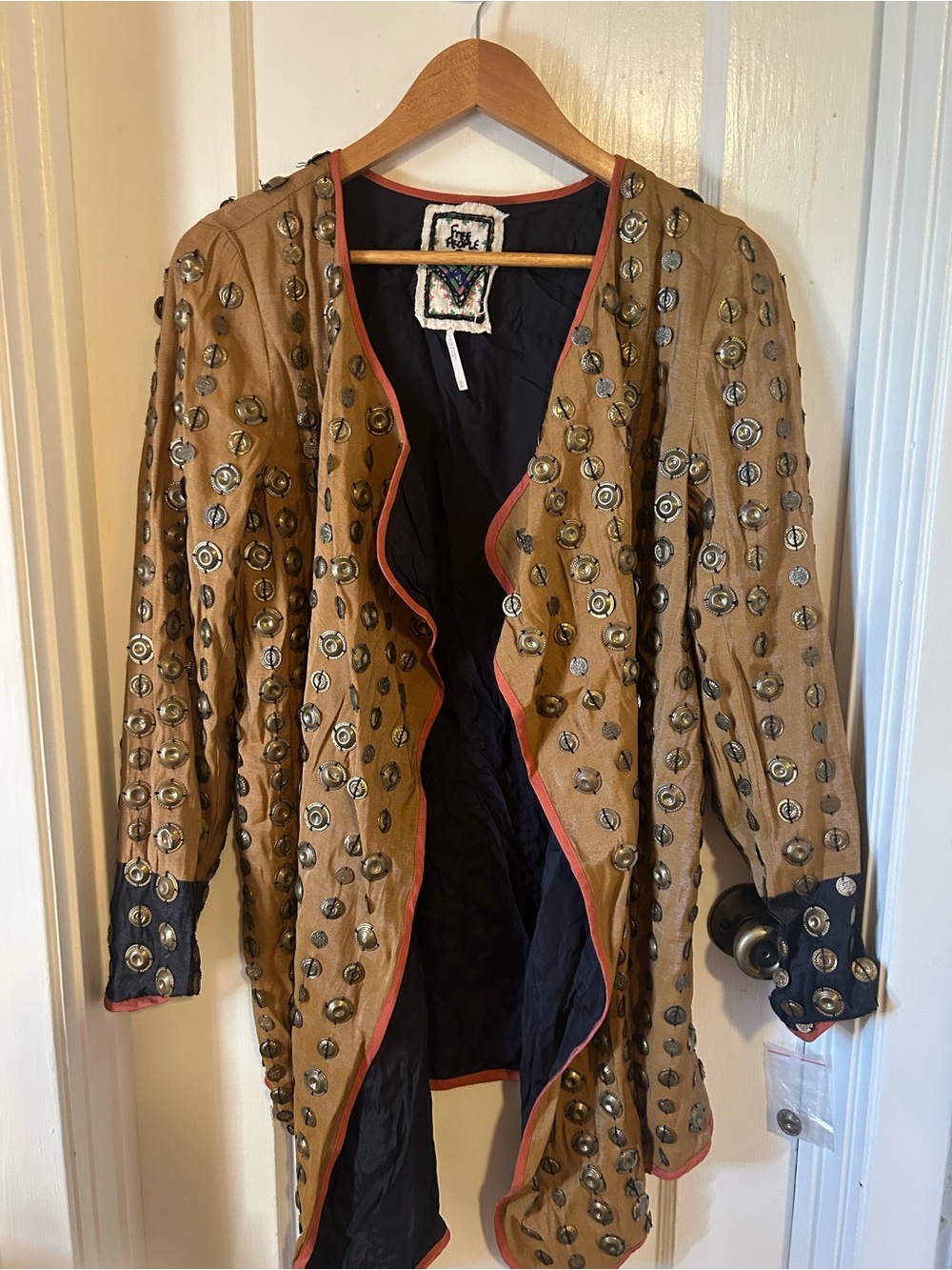 Free People Bronze Coin-Embellished Tan and Orange Jacket